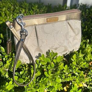 Coach Gold and Cream Metallic Wristlet